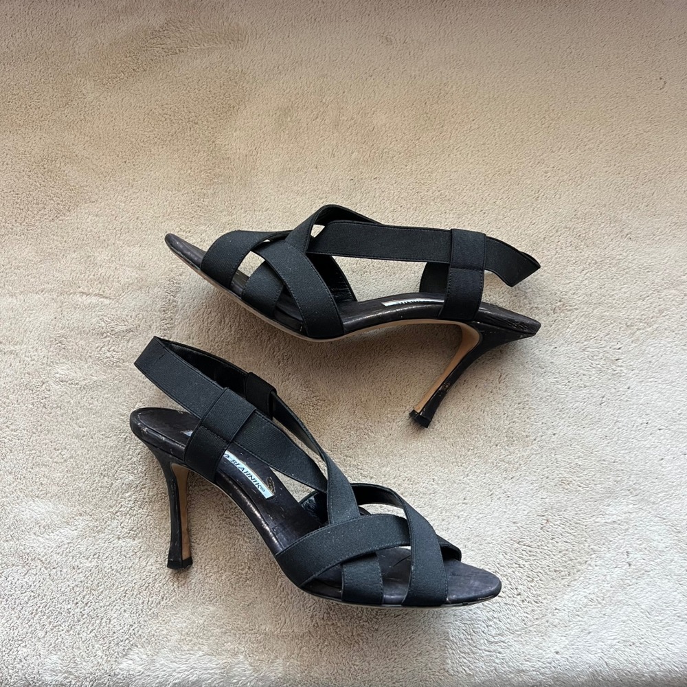 Manolo Blahnik Women 5.5-6 EU 36 Black Strappy Stiletto‎ Heel Sandals Designer
